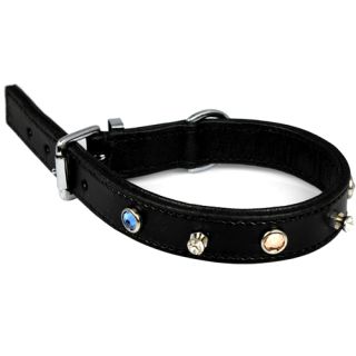 Fodrat läderhalsband med beslag i krom och smyckat med stenar, 55cm x 25mm